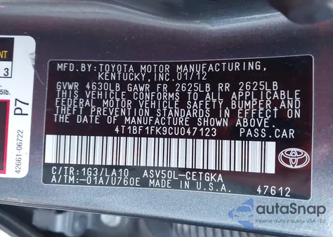 2012 Toyota Camry Xle from USA, damaged, VIN 4T1BF1FK9CU047123